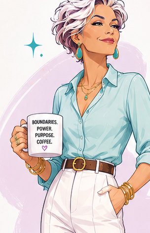 Peri, your wise future self, holding a mug that reads boundaries, power, purpose, coffee